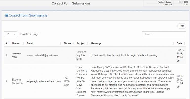 Contact form submissions.