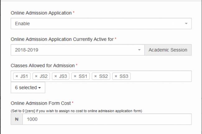 Online admission application settings